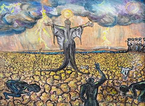 Ölgemälde: Landschaft mit Wolkenhimmel und spiritueller Stimmung