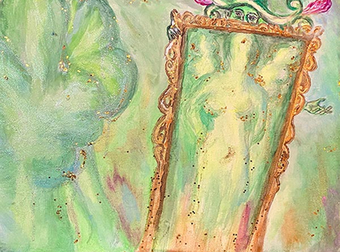 Ölgemälde: Figur vor einem Spiegel mit goldenem Rahmen